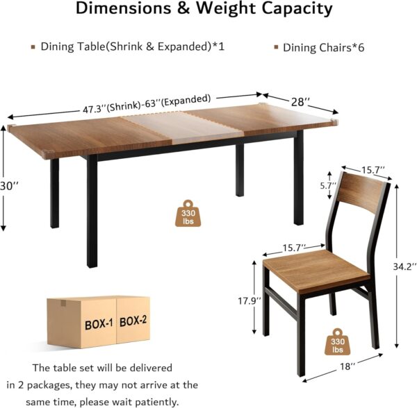 iPormis 7-Piece Dining Table Set with 6 Chairs, 63" Extendable Kitchen Table & Chairs Set for 4-6, - Image 3