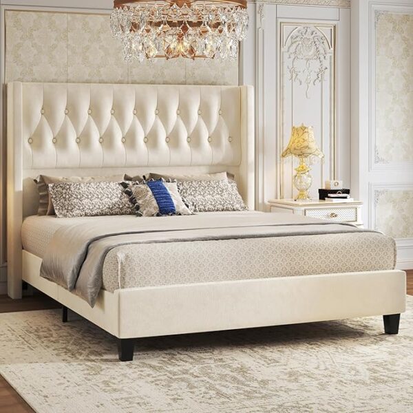 HISOFT Queen Bed Frame, Velvet Upholstered Queen Platform Bed