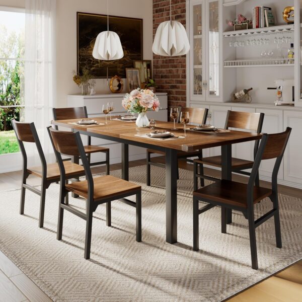 iPormis 7-Piece Dining Table Set with 6 Chairs, 63" Extendable Kitchen Table & Chairs Set for 4-6, - Image 4